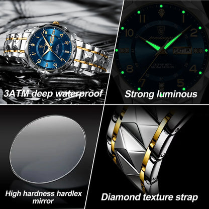 POEDAGAR Luxury Men's Watch - Waterproof with Luminous Display, Date & Week Function, Stainless Steel Design for the Active Gentleman