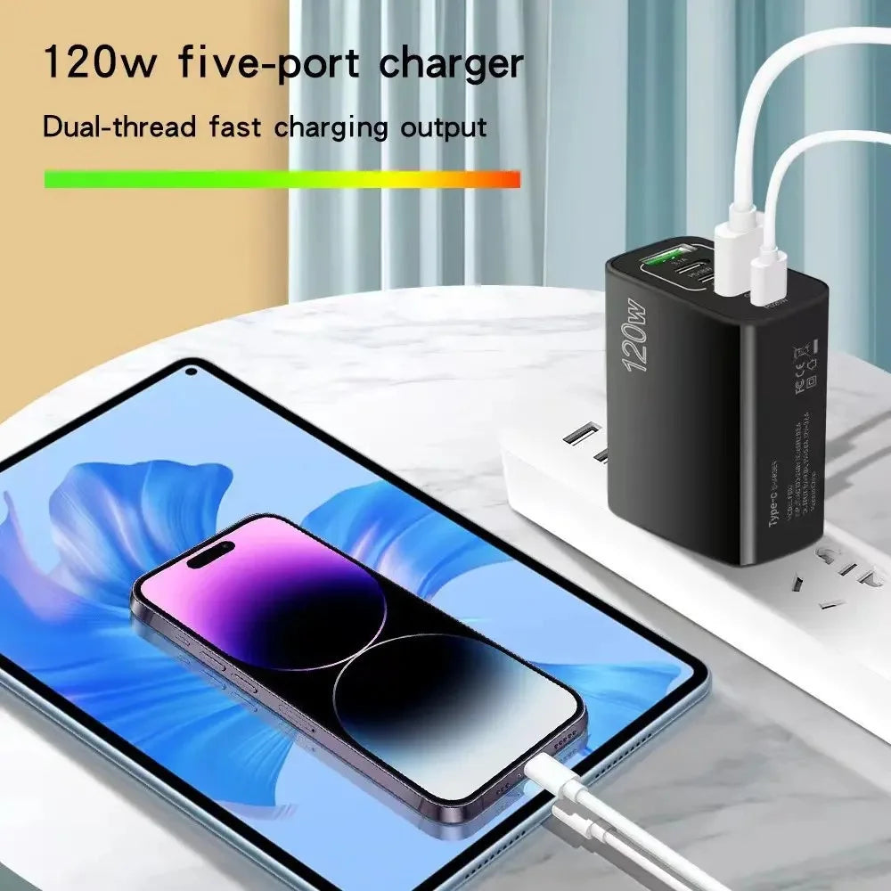 Total 120W USB Charger 5 Ports Type C Fast Charging Mobile Phone Wall Adapter EU/US/UK Plug For iPhone 15 Samsung Xiaomi Huawei