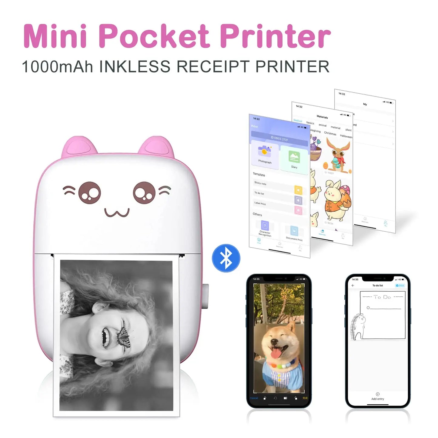 Mini Portable Thermal Printer - Cute Cat Design for Photos, Labels, and Memos