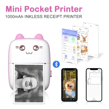 Mini Portable Thermal Printer - Cute Cat Design for Photos, Labels, and Memos