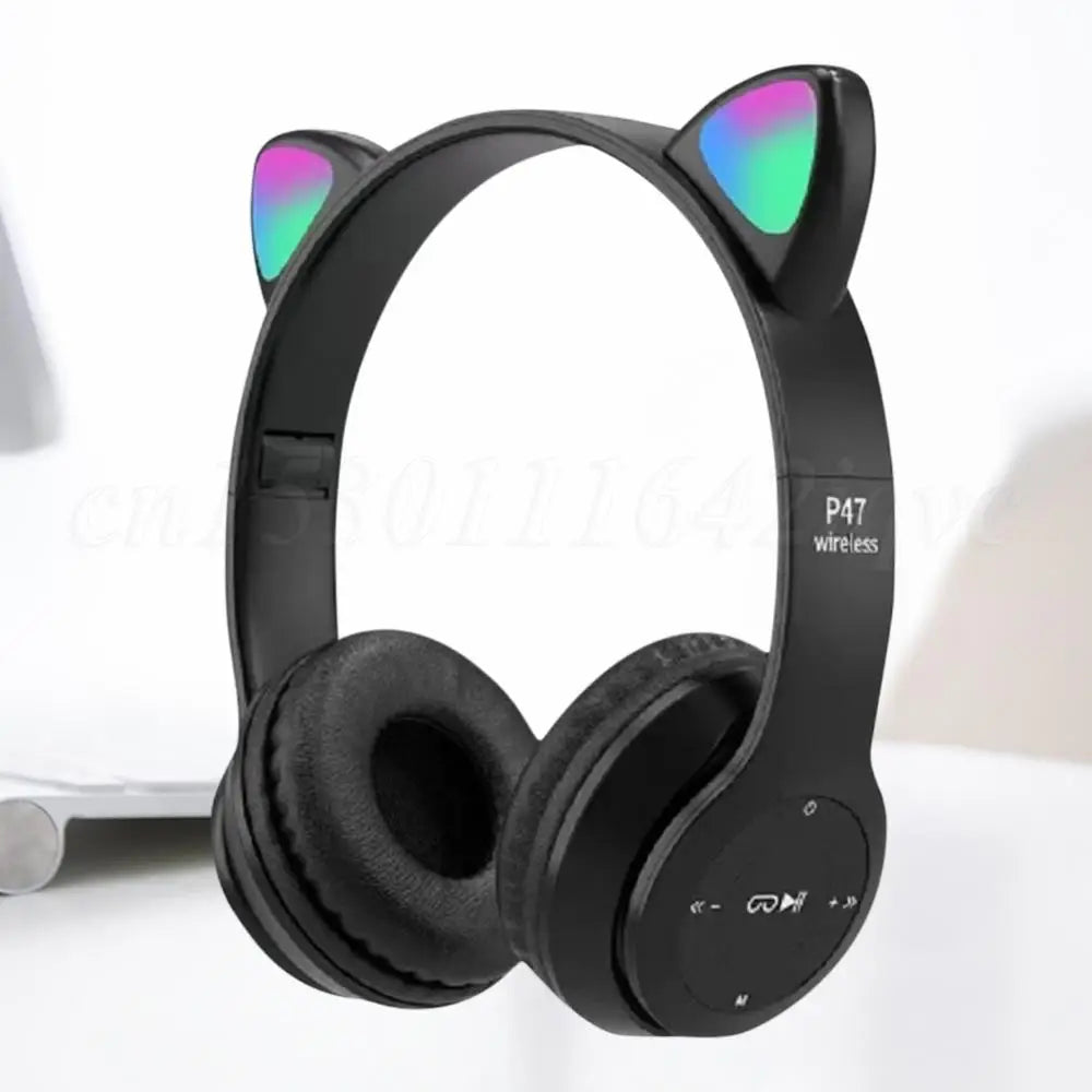 Wireless Headphones Cat Ear Gaming Headset Glow Light Bluetooth-Compatible Helmets Cute Over-Ear Headsets for Kids and Adult