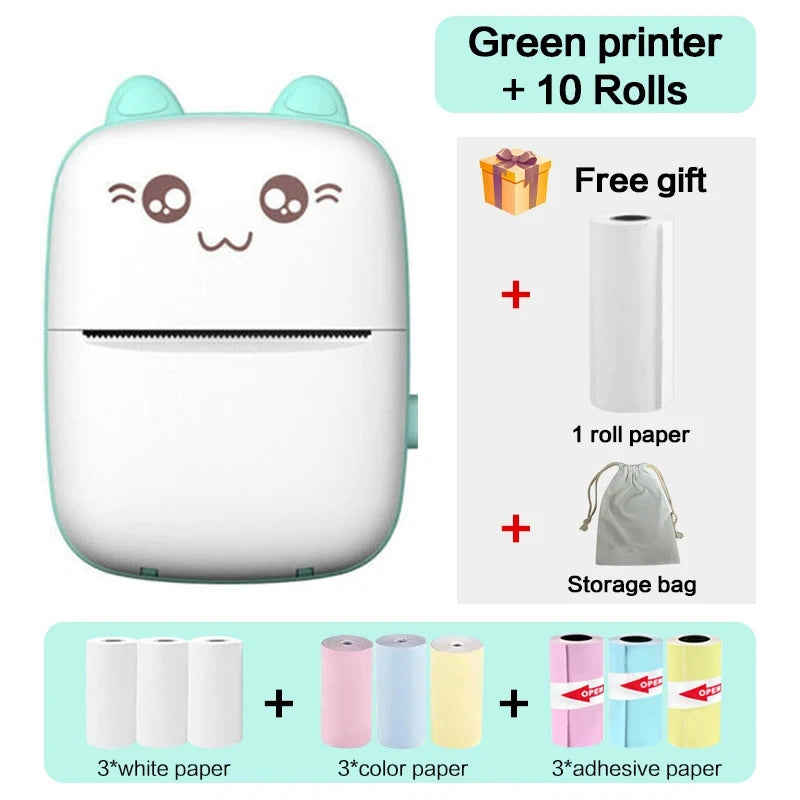 Mini Portable Thermal Printer - Cute Cat Design for Photos, Labels, and Memos