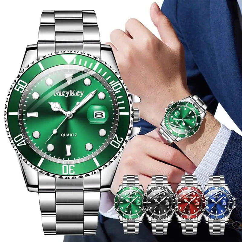 Classic Men's Quartz Watch with Steel Strap - Green Aqua Ghost Design with Calendar - Timeless Elegance for Every Occasion!"