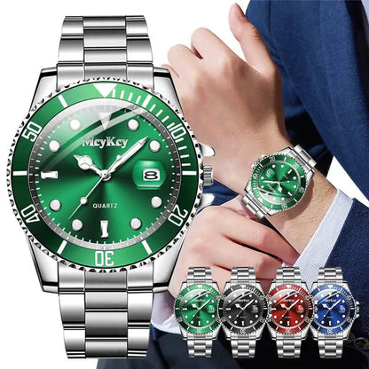 Classic Men's Quartz Watch with Steel Strap - Green Aqua Ghost Design with Calendar - Timeless Elegance for Every Occasion!"