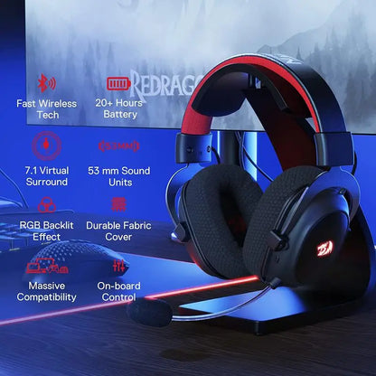 Redragon H510 PRO Zeus-X RGB Wireless USB Gaming Headset - 7.1 Surround Sound 53MM Audio Drivers Memory Foam Ear Pads Headphone