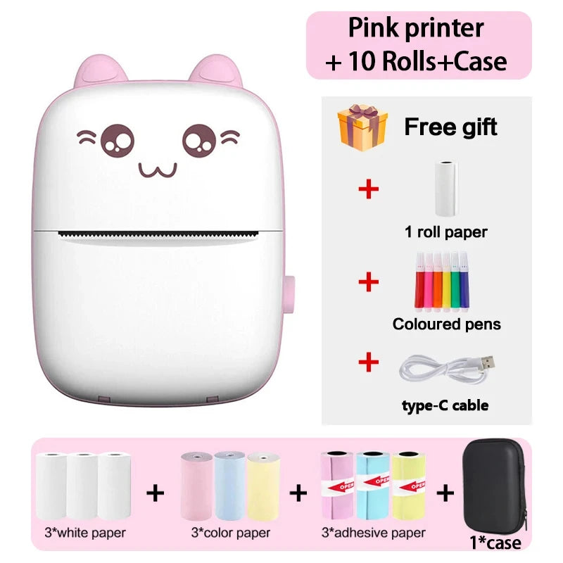 Mini Portable Thermal Printer - Cute Cat Design for Photos, Labels, and Memos