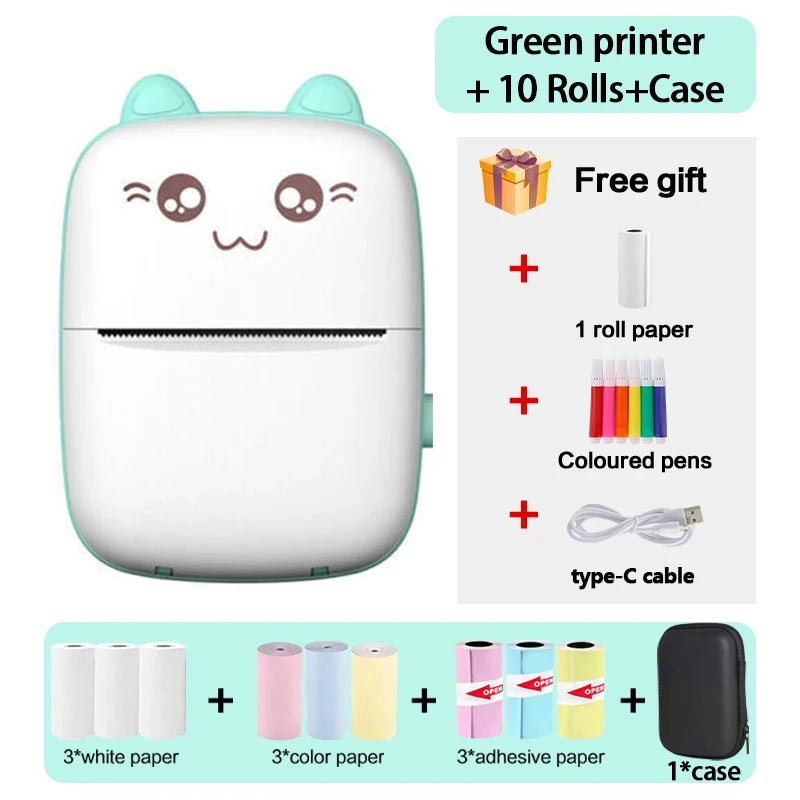 Mini Portable Thermal Printer - Cute Cat Design for Photos, Labels, and Memos