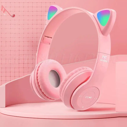 Wireless Headphones Cat Ear Gaming Headset Glow Light Bluetooth-Compatible Helmets Cute Over-Ear Headsets for Kids and Adult