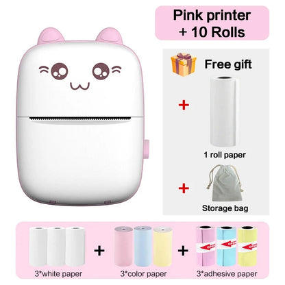 Mini Portable Thermal Printer - Cute Cat Design for Photos, Labels, and Memos